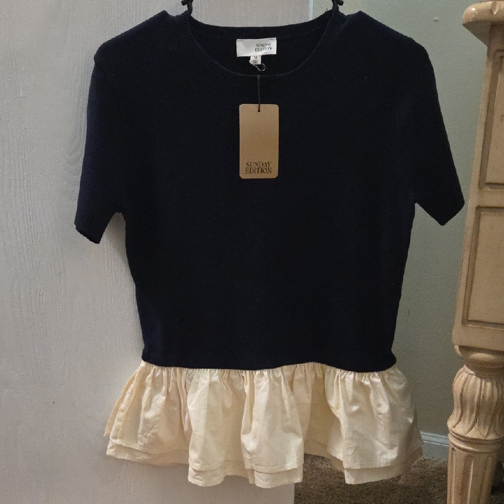 Sunday Best Midnight Blue and Cream Ruffle Top